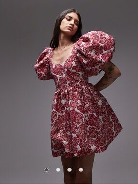 Red Floral Puff Sleeve Mini Dress